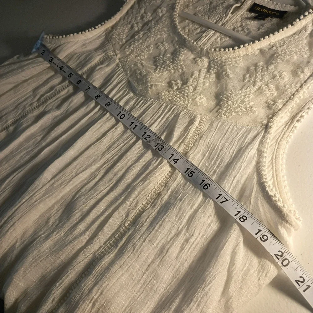 Style & Co White Lace Yoke Sleeveless Blouse Boho Crinkle Top Large - Picture 7 of 8